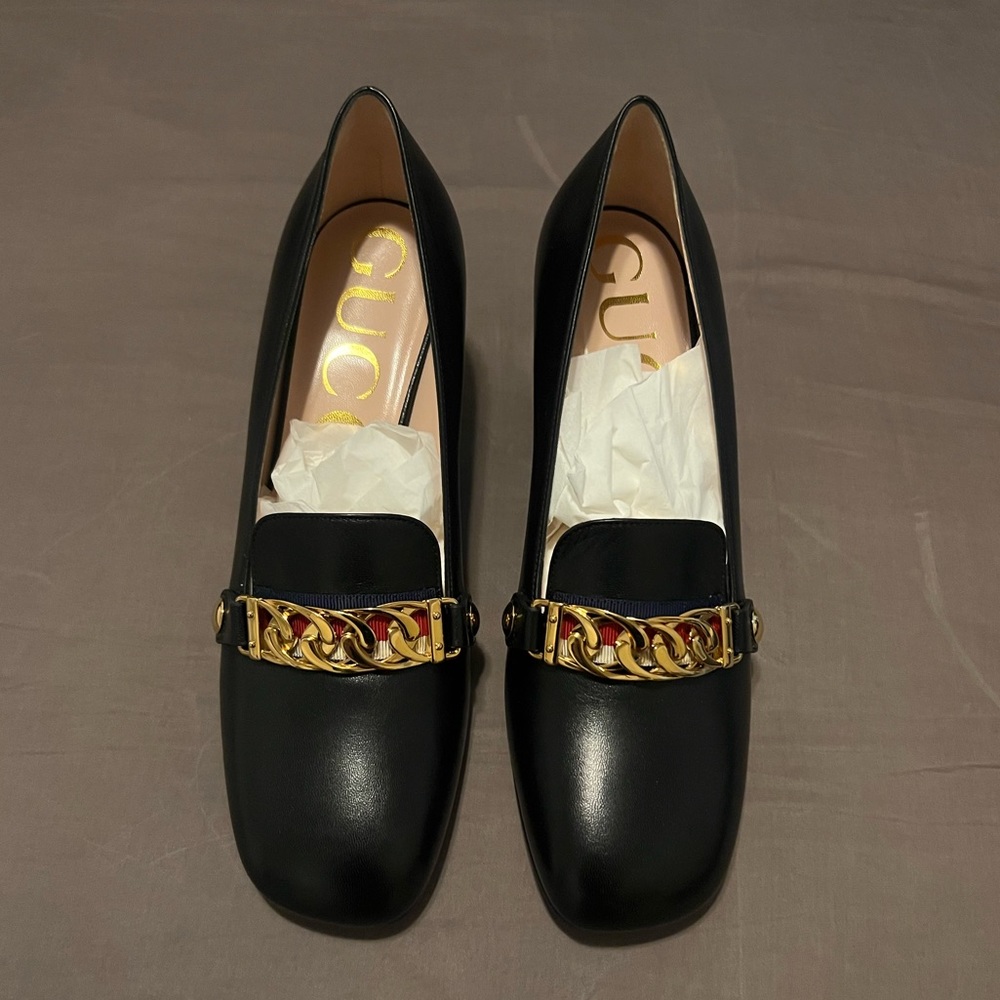 NEW GUCCI shoes heels pumps Black Leather Sylvie Web Stripe Chain Block Size 38